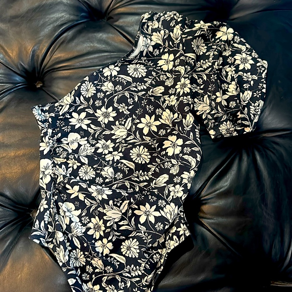 Free People One Shoulder Bodysuit Floral Black Cream Puff Sleeve